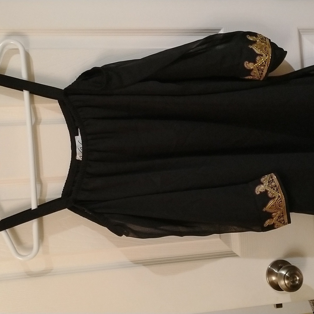 Sheer black off the shoulder dress with embroidered sleeves